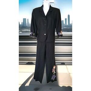 Plaza South Pant Suit 14P Black Floral Embroidered Short Sleeve Linen Blend Flaw